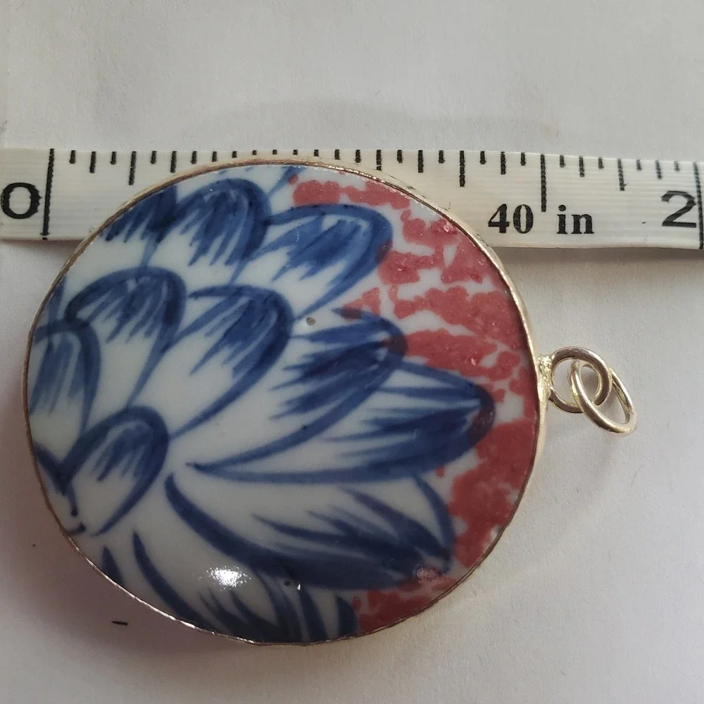 Artisan Floral Pendant Ming Blue Coral White Porcelain Pottery Shard Chinoiserie